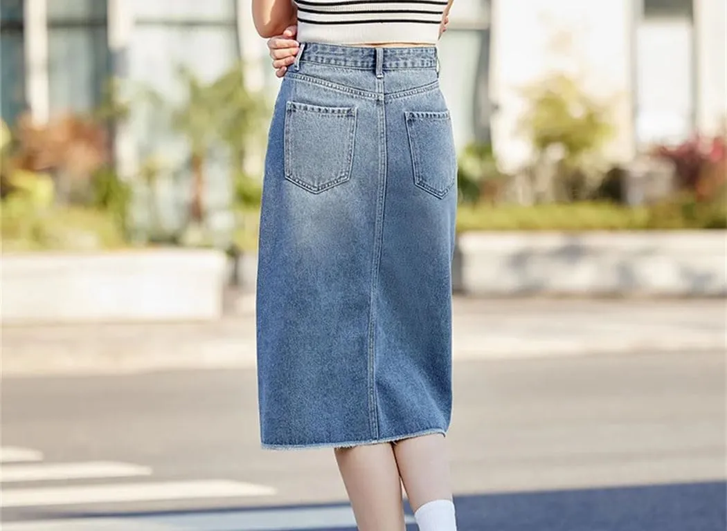 Women High Waisted Slit Straight Denim Skirt Summer Vintage Casual Jean Skirts with Pockets