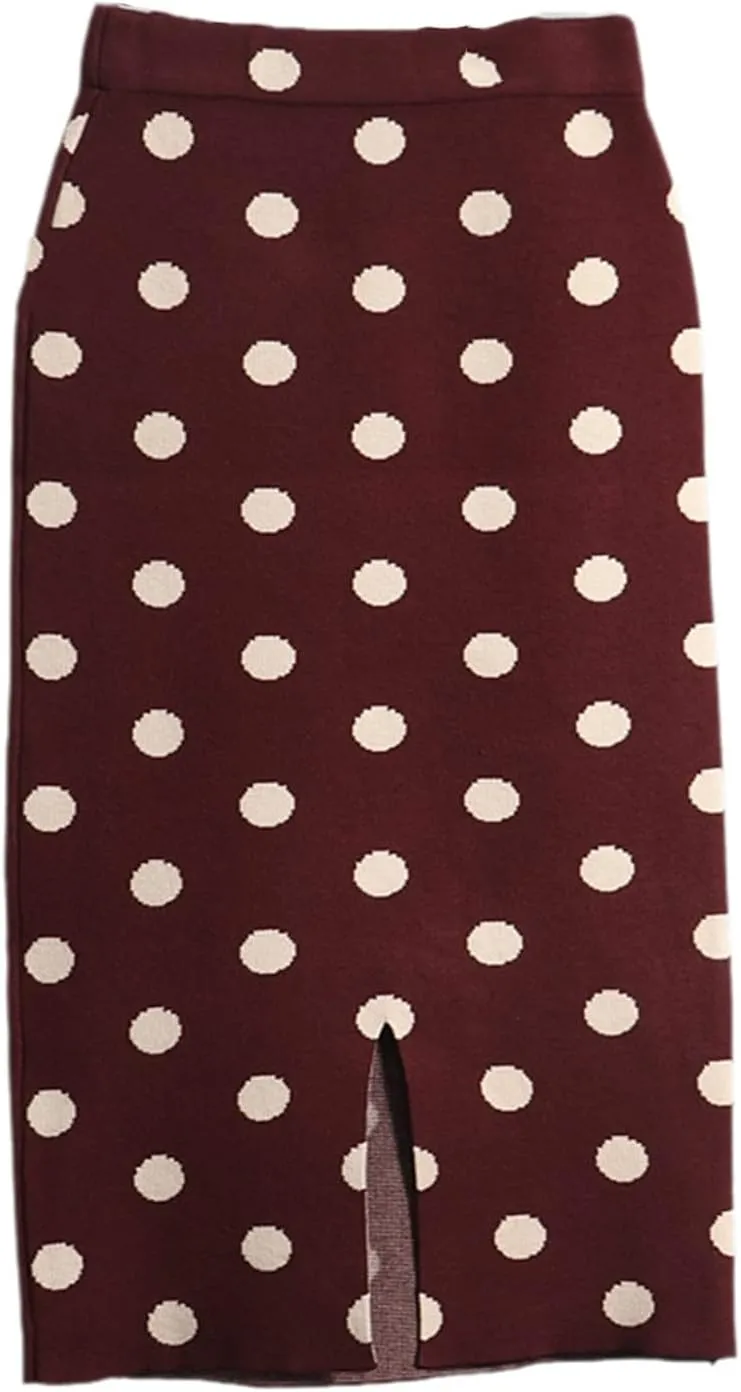 Women Knit Polk Dot Pencil Skirt Female Autumn Winter High Waist Bodycon Vintage Split Thick Stretchy Sweater Skirts