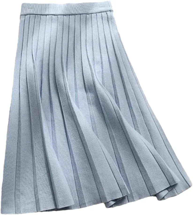Women Knitted Midi Skirt Black A-Line High Waist Pleated Casual Long Skirt Autumn Winter