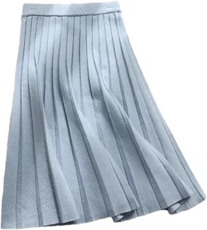 Women Knitted Midi Skirt Black A-Line High Waist Pleated Casual Long Skirt Autumn Winter