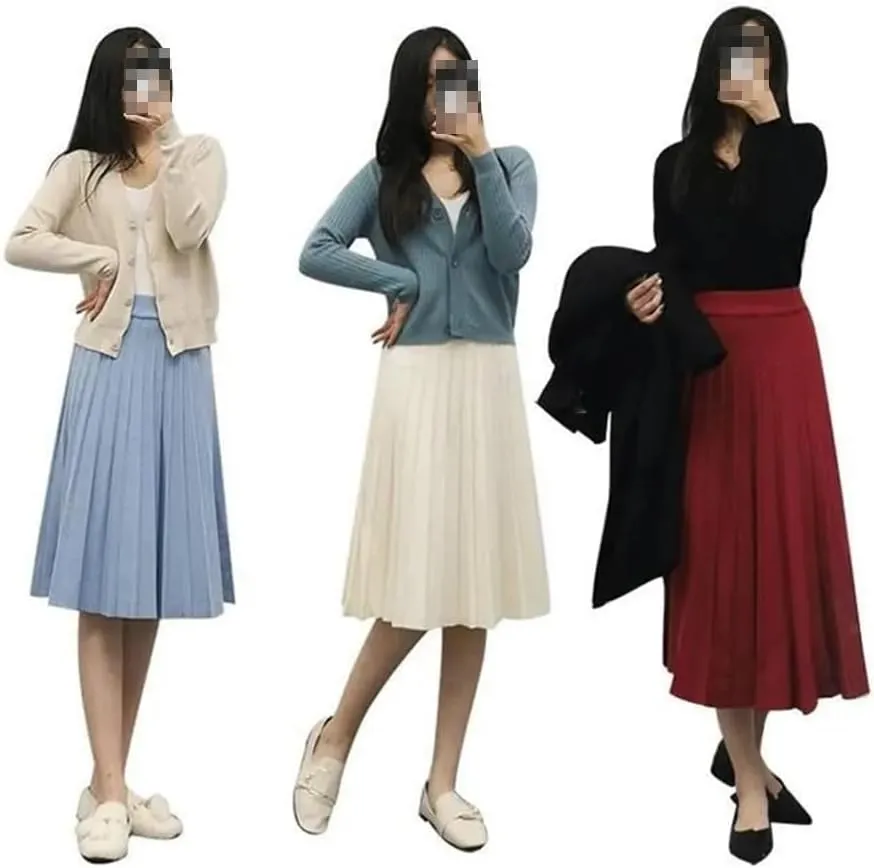 Women Knitted Midi Skirt Black A-Line High Waist Pleated Casual Long Skirt Autumn Winter