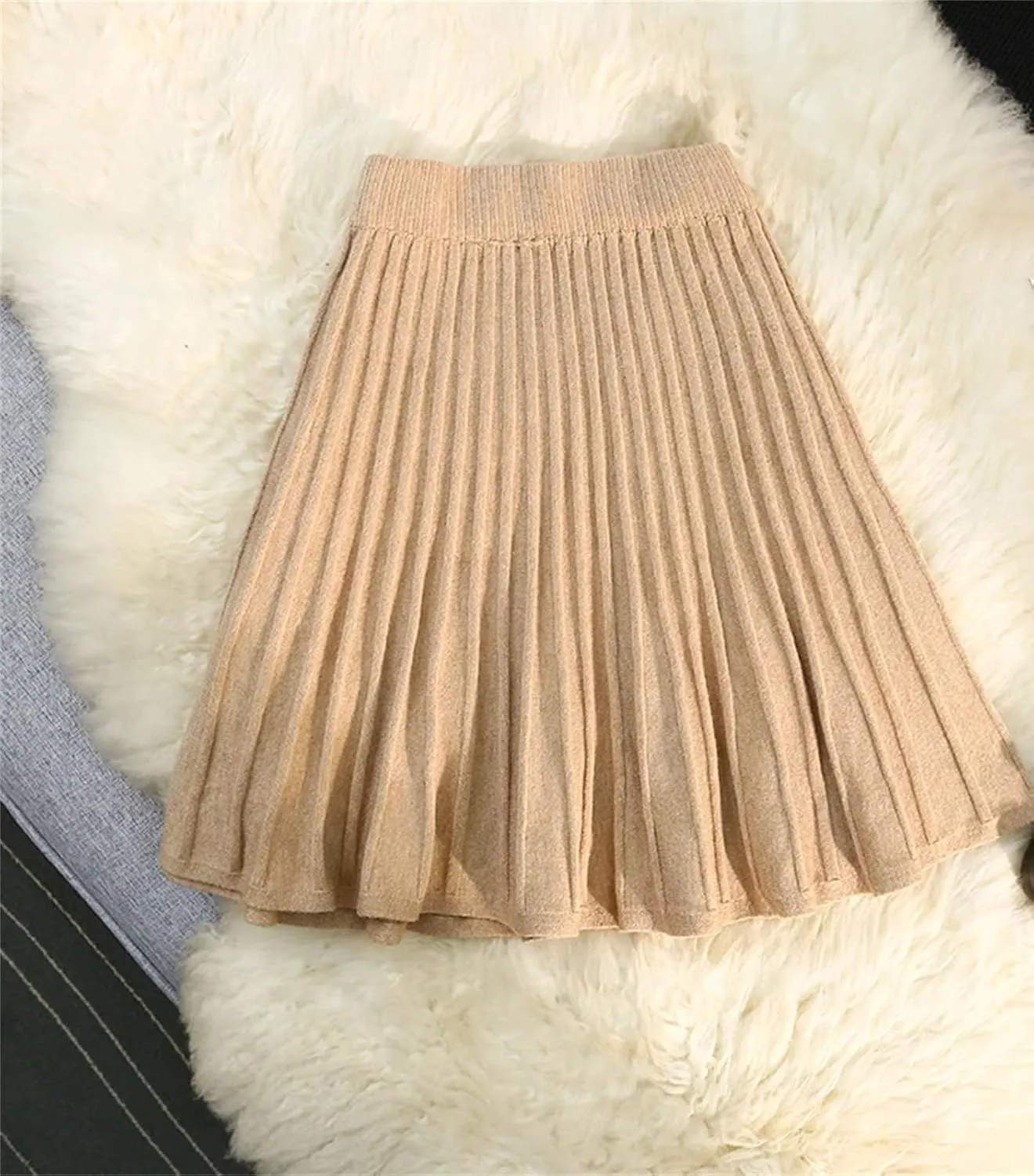 Women Knitted Pleated A-Line Skirts Elastic High Waisted Casual Party Mini Skirt