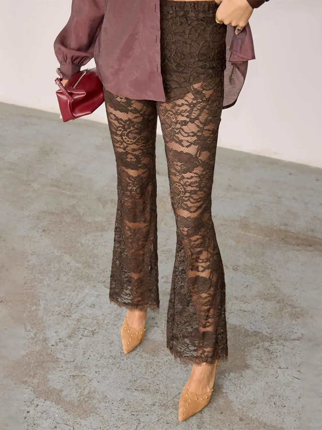 Women Lace Floral Pant Sexy See Through Flare Bell Bottom Hollow Out Trousers Mesh Leggings Cover Up Beach Pants