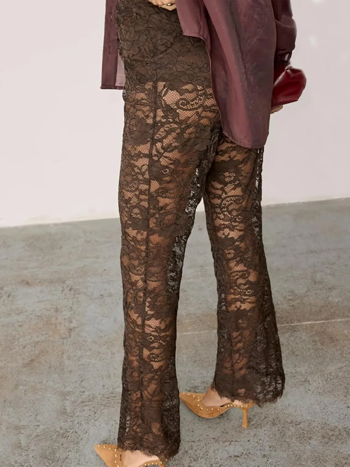Women Lace Floral Pant Sexy See Through Flare Bell Bottom Hollow Out Trousers Mesh Leggings Cover Up Beach Pants