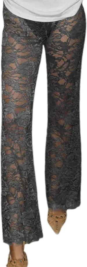 Women Lace Floral Pant Sexy See Through Flare Bell Bottom Hollow Out Trousers Mesh Leggings Cover Up Beach Pants