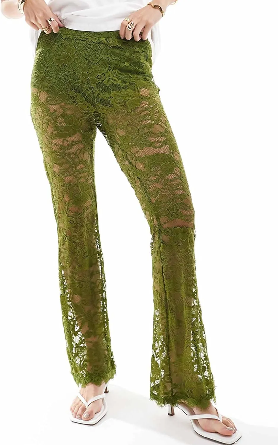 Women Lace Floral Pant Sexy See Through Flare Bell Bottom Hollow Out Trousers Mesh Leggings Cover Up Beach Pants