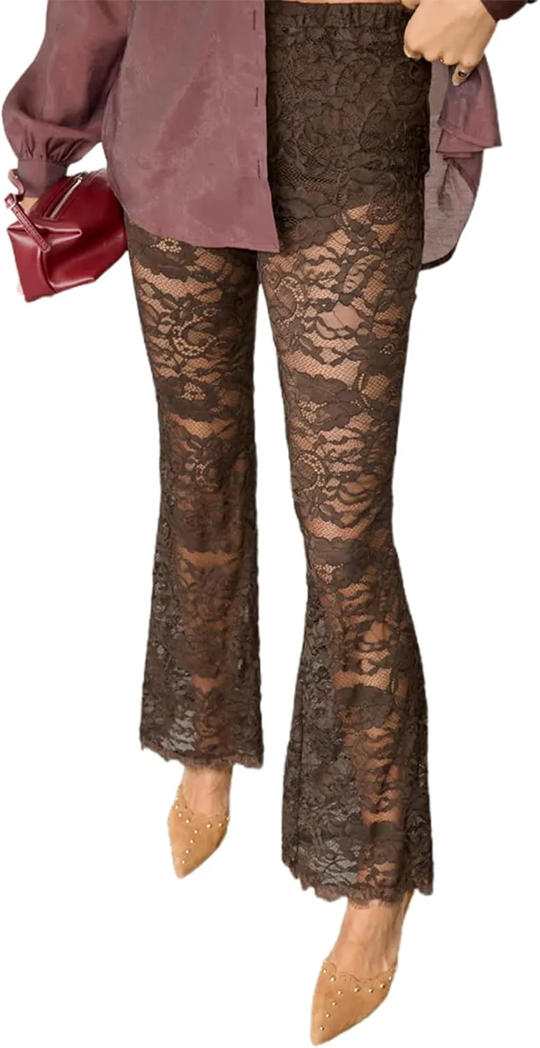Women Lace Floral Pant Sexy See Through Flare Bell Bottom Hollow Out Trousers Mesh Leggings Cover Up Beach Pants