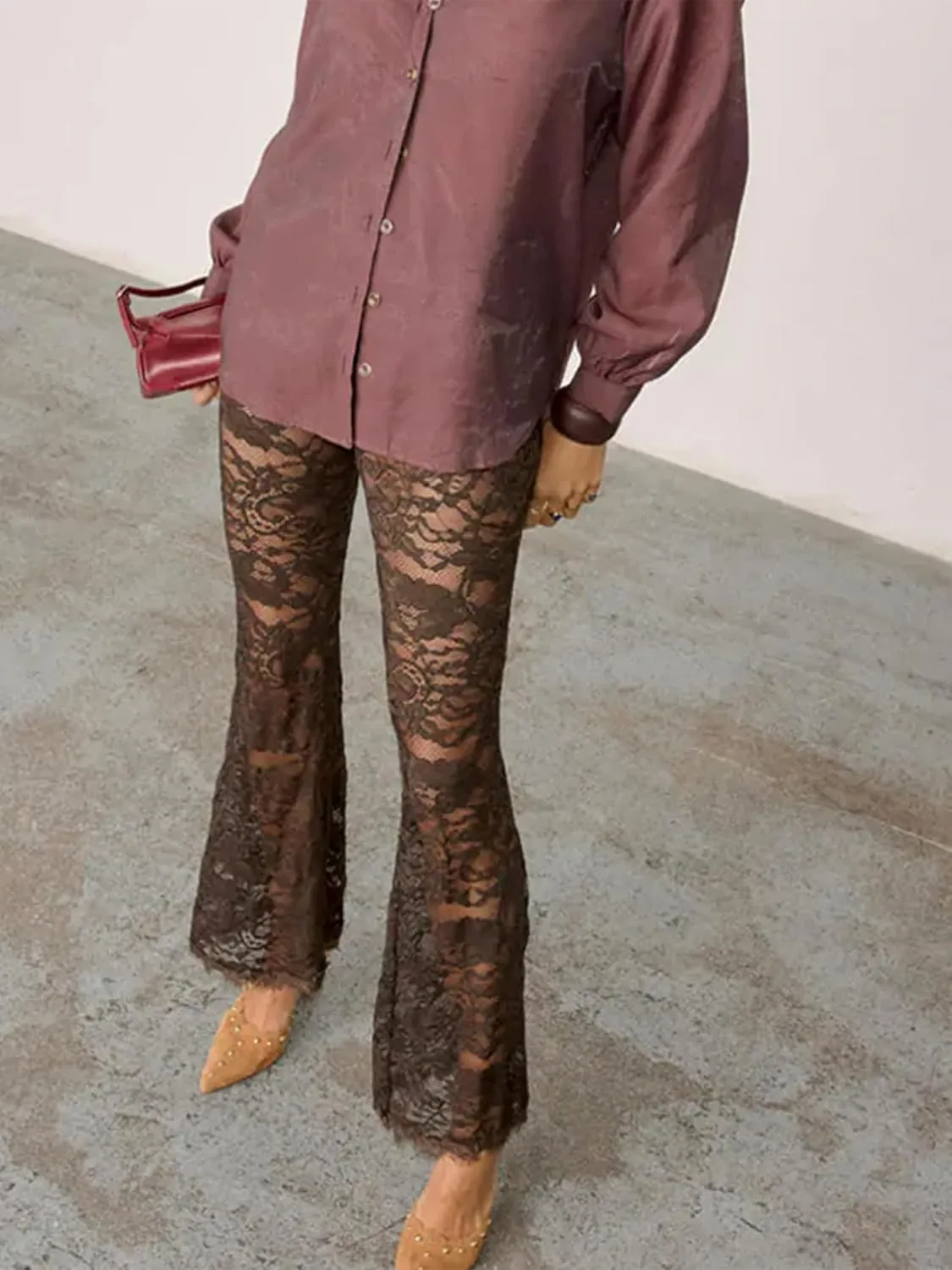 Women Lace Floral Pant Sexy See Through Flare Bell Bottom Hollow Out Trousers Mesh Leggings Cover Up Beach Pants
