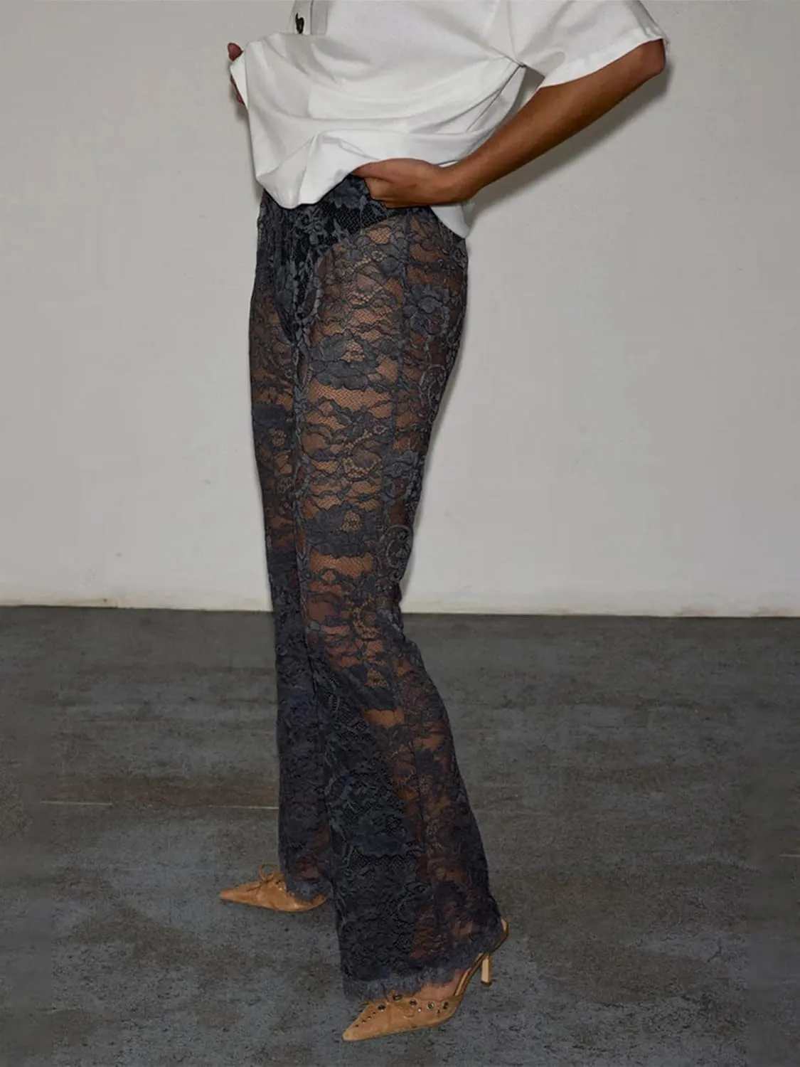 Women Lace Floral Pant Sexy See Through Flare Bell Bottom Hollow Out Trousers Mesh Leggings Cover Up Beach Pants