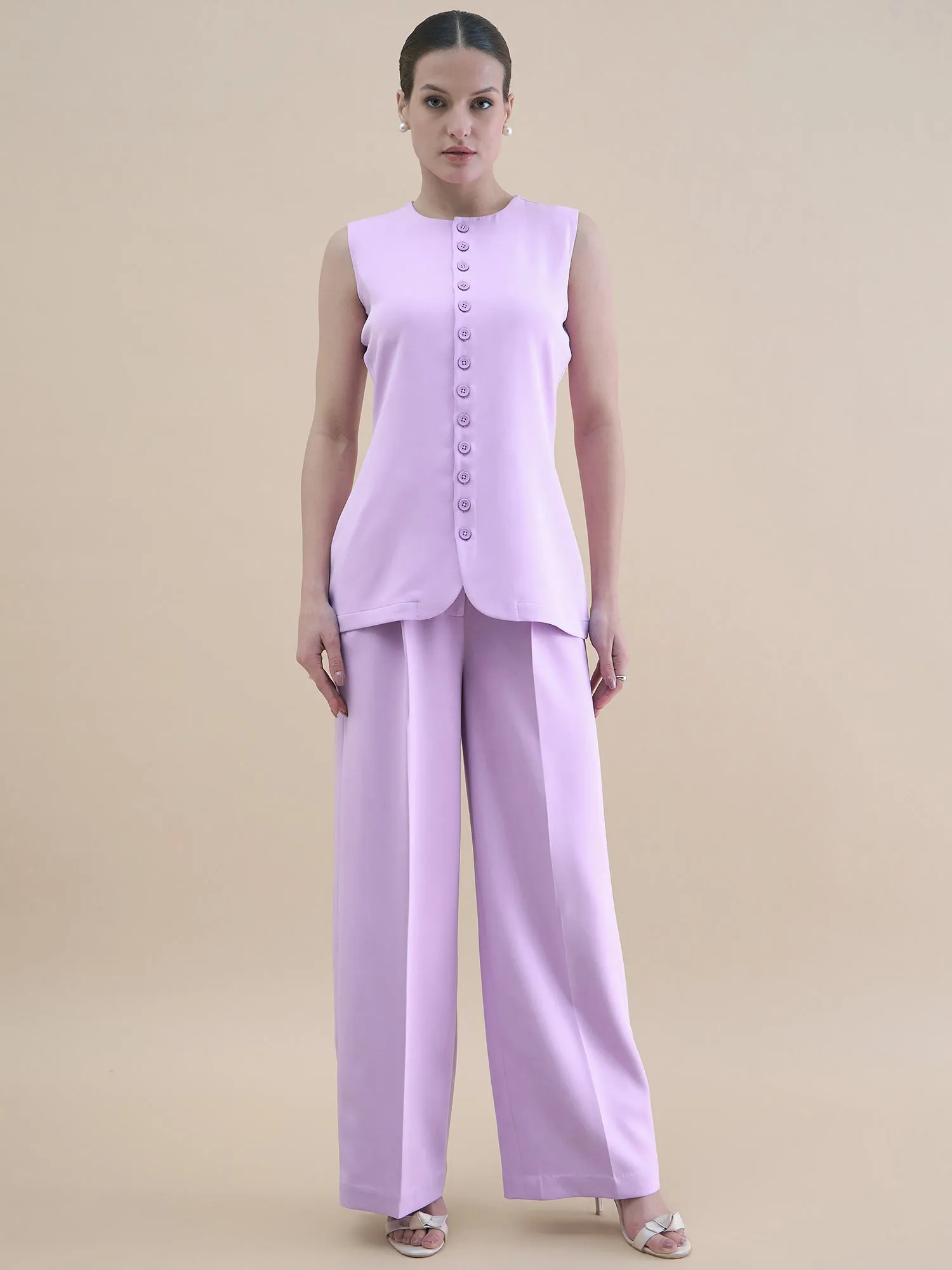 Women Lavender Button Detail Tailored Waistcoat With Loose Fit Trouser Stretchable Co-Ords