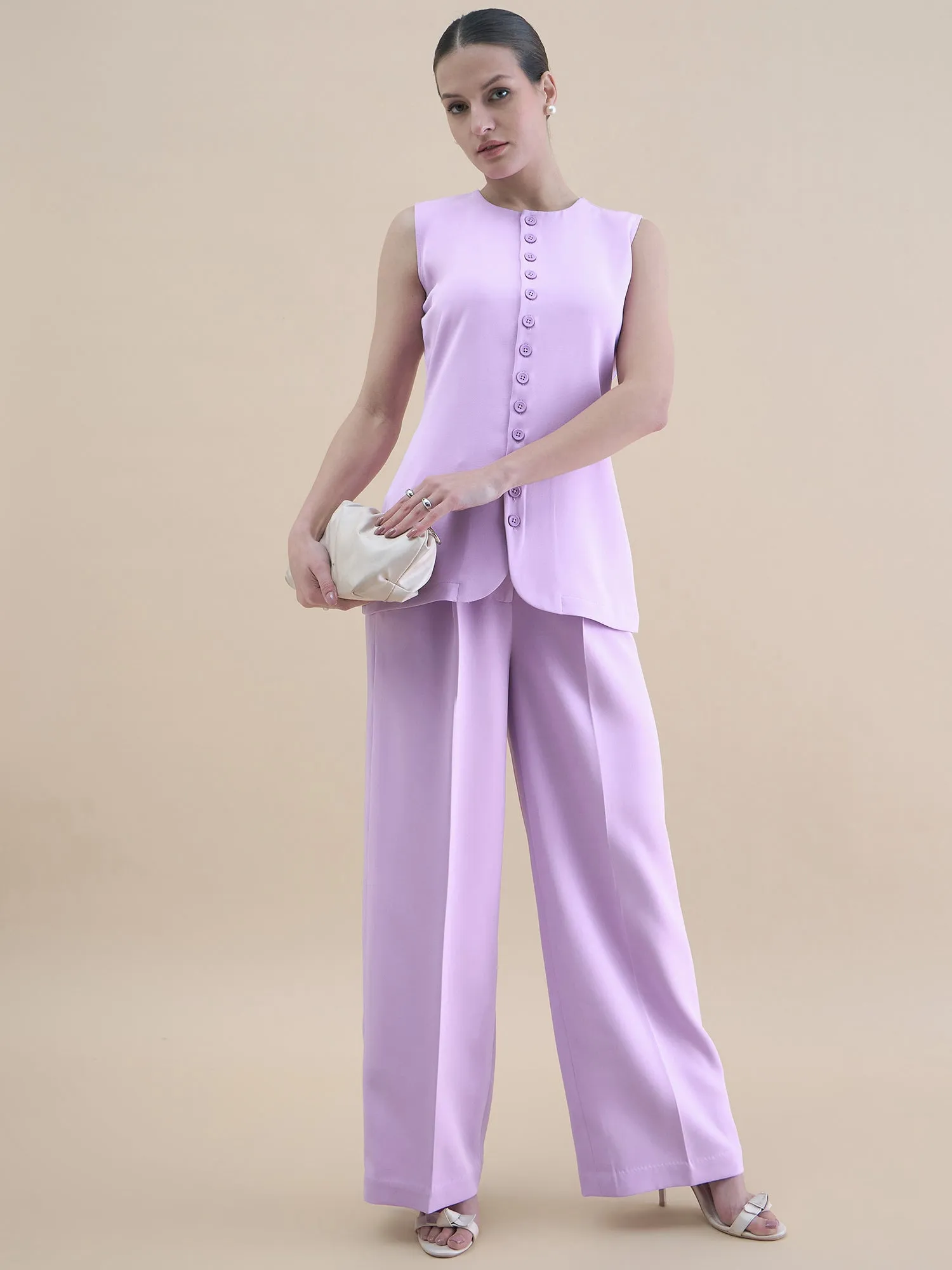 Women Lavender Button Detail Tailored Waistcoat With Loose Fit Trouser Stretchable Co-Ords