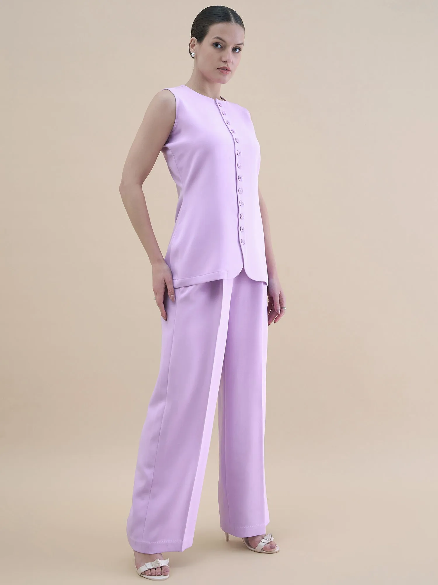 Women Lavender Button Detail Tailored Waistcoat With Loose Fit Trouser Stretchable Co-Ords