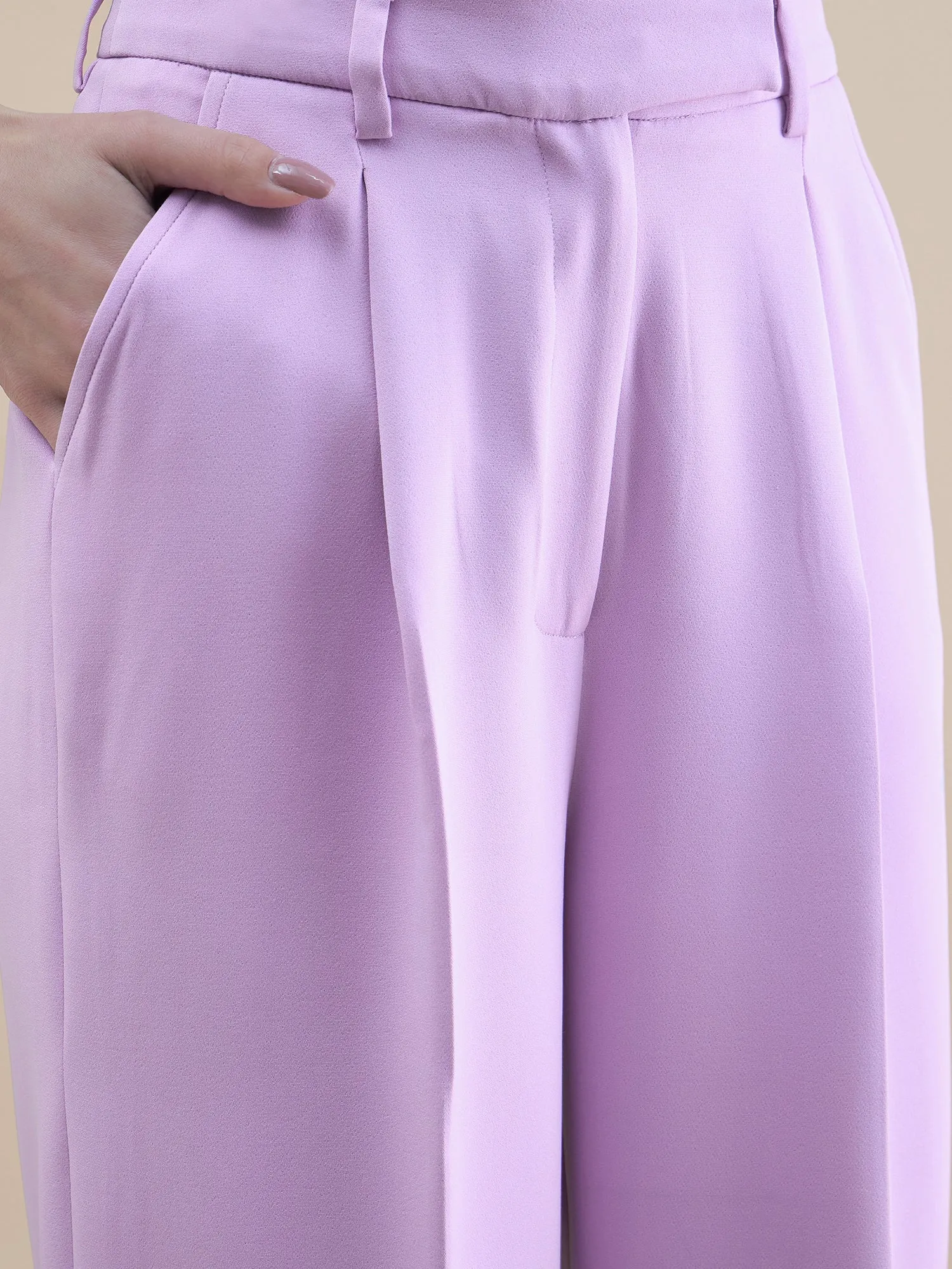 Women Lavender Button Detail Tailored Waistcoat With Loose Fit Trouser Stretchable Co-Ords