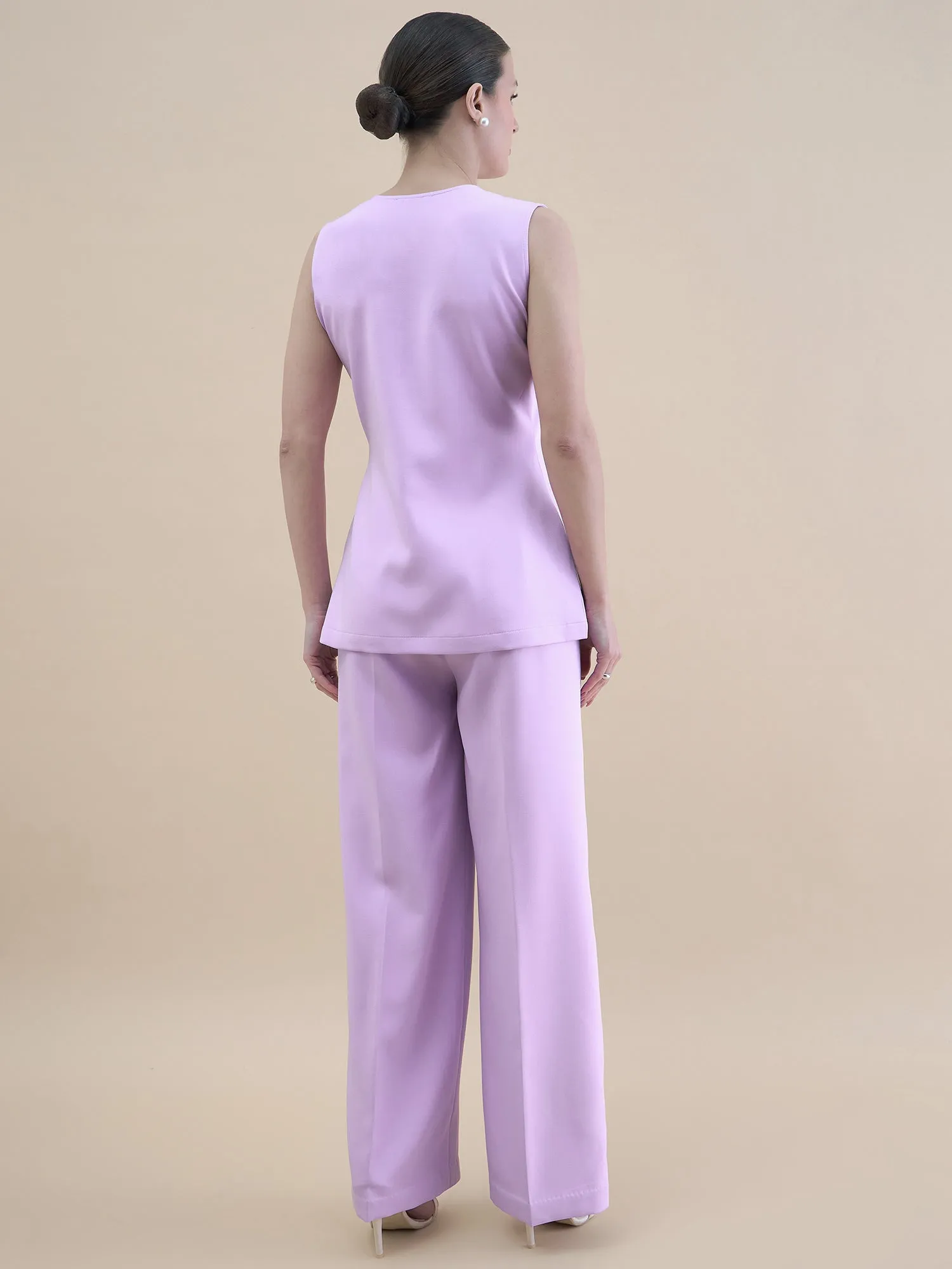 Women Lavender Button Detail Tailored Waistcoat With Loose Fit Trouser Stretchable Co-Ords