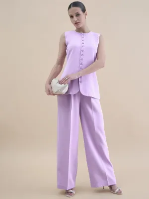 Women Lavender Button Detail Tailored Waistcoat With Loose Fit Trouser Stretchable Co-Ords