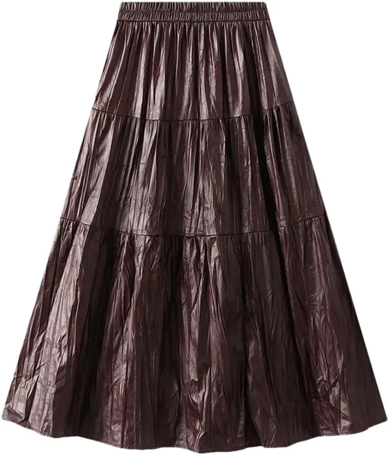 Women Long Pu Pleated Skirt Elegant High Waist Skirts Solid Vintage A-Line Pleated Skirt