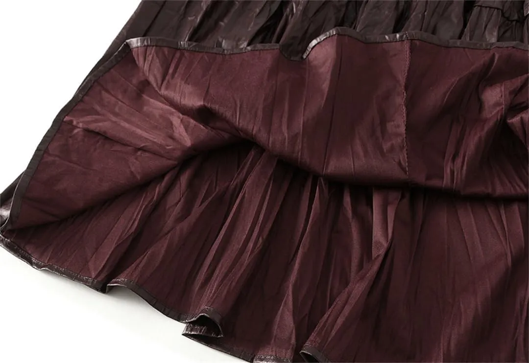 Women Long Pu Pleated Skirt Elegant High Waist Skirts Solid Vintage A-Line Pleated Skirt