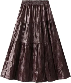 Women Long Pu Pleated Skirt Elegant High Waist Skirts Solid Vintage A-Line Pleated Skirt