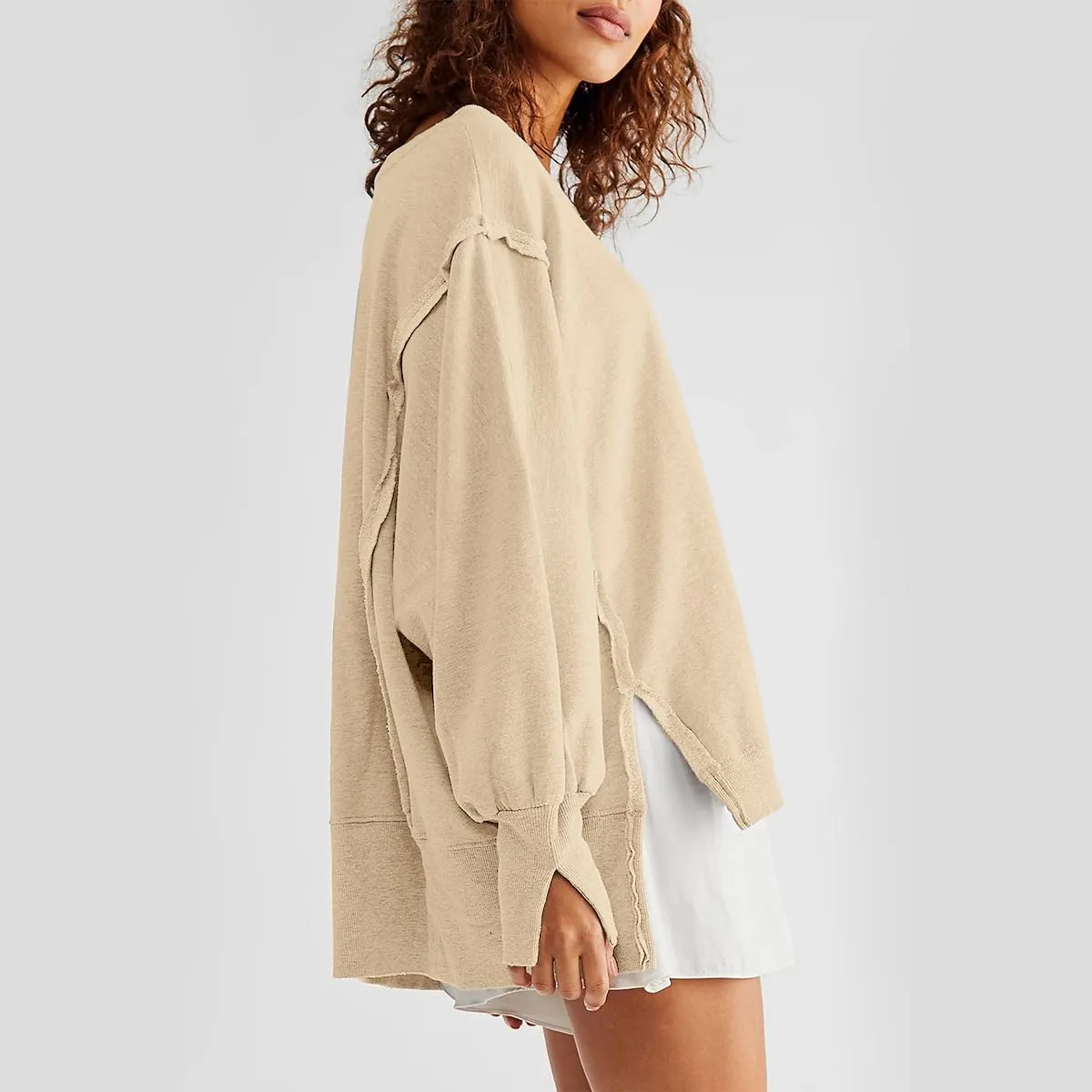 Women Loose Crewneck Cotton Sweatshirt Side Slit Long Sleeve Casual Pullover Sweatshirts for Women
