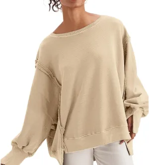 Women Loose Crewneck Cotton Sweatshirt Side Slit Long Sleeve Casual Pullover Sweatshirts for Women