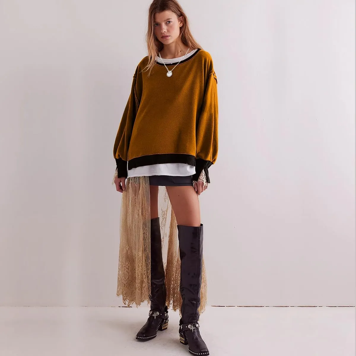Women Loose Crewneck Cotton Sweatshirt Side Slit Long Sleeve Casual Pullover Sweatshirts for Women