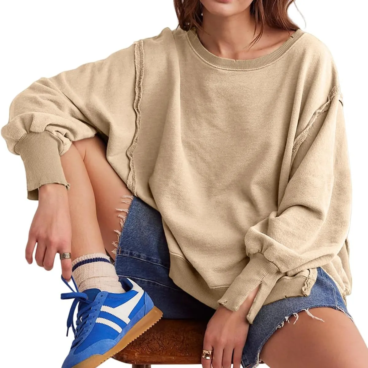 Women Loose Crewneck Cotton Sweatshirt Side Slit Long Sleeve Casual Pullover Sweatshirts for Women