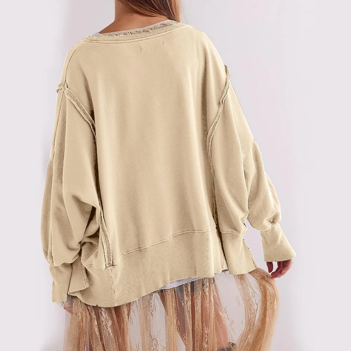 Women Loose Crewneck Cotton Sweatshirt Side Slit Long Sleeve Casual Pullover Sweatshirts for Women