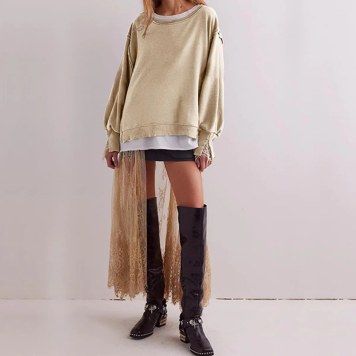 Women Loose Crewneck Cotton Sweatshirt Side Slit Long Sleeve Casual Pullover Sweatshirts for Women