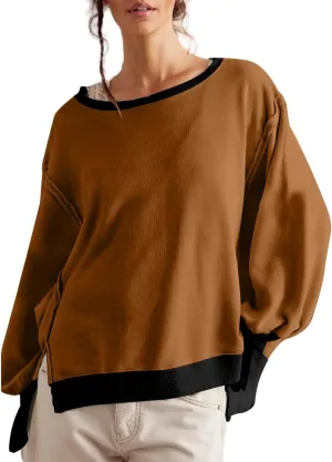 Women Loose Crewneck Cotton Sweatshirt Side Slit Long Sleeve Casual Pullover Sweatshirts for Women