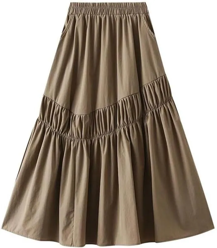 Women Midi Long Pleated Skirts A-Line High Waist Skirt Korean Style Party Evening Solid Skirt