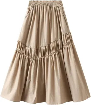 Women Midi Long Pleated Skirts A-Line High Waist Skirt Korean Style Party Evening Solid Skirt