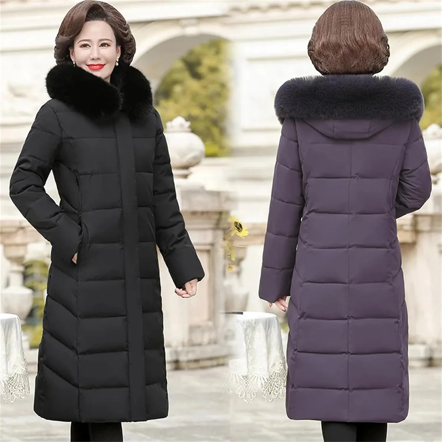 Women Mother's Long Down Cotton Jacket Winter Manteau Loose Padded Coat Hooded Thicken Parkas