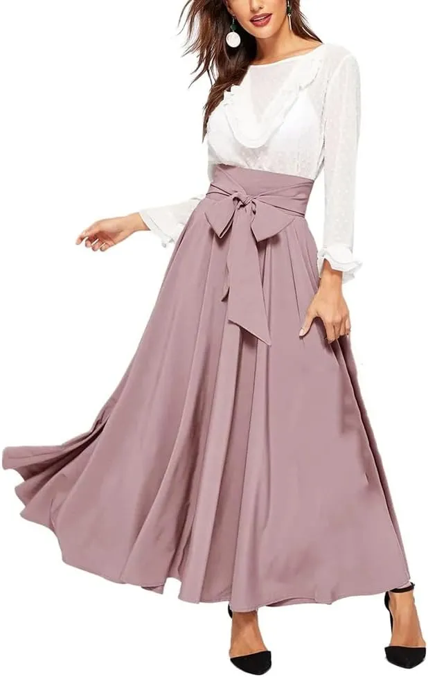 Women Pleated A-Line Skirts Strappy High Waist Stretch Solid Midi Long Maxi Skirts Casual Skirts