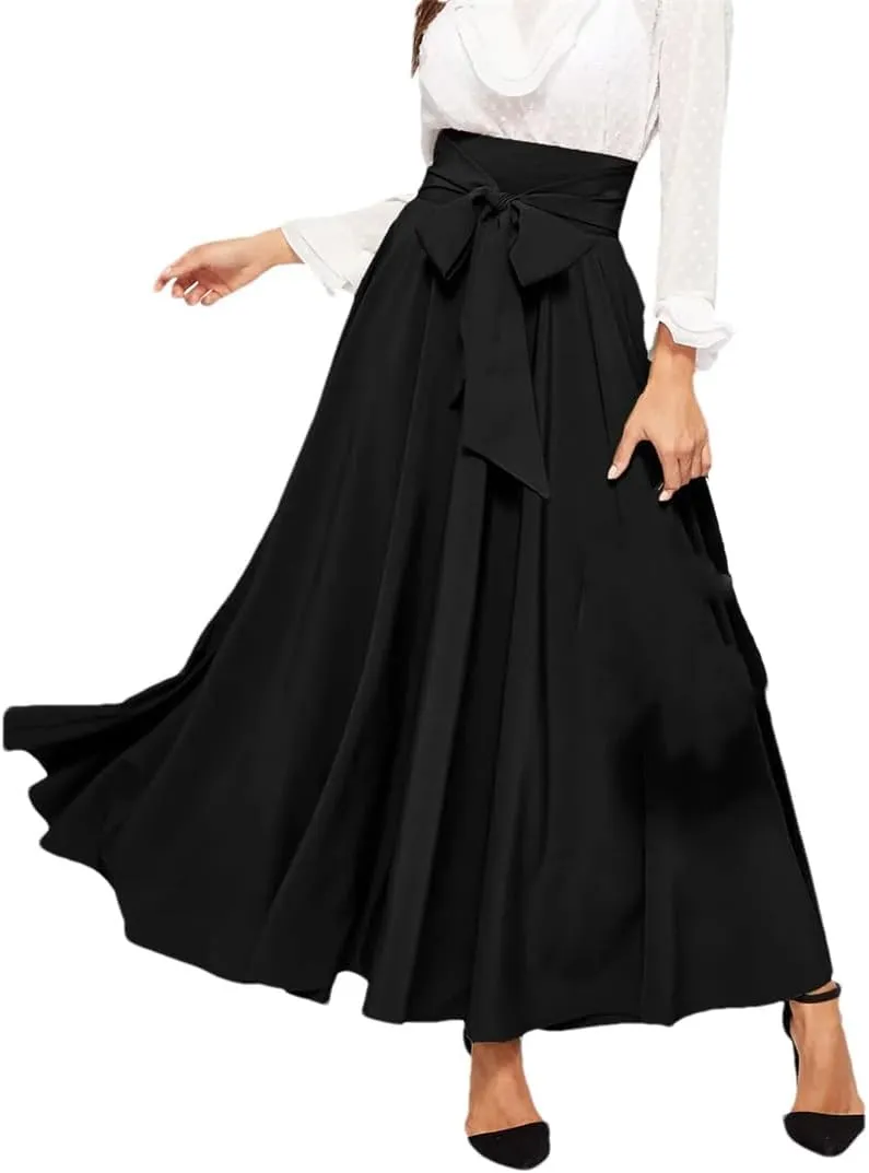 Women Pleated A-Line Skirts Strappy High Waist Stretch Solid Midi Long Maxi Skirts Casual Skirts