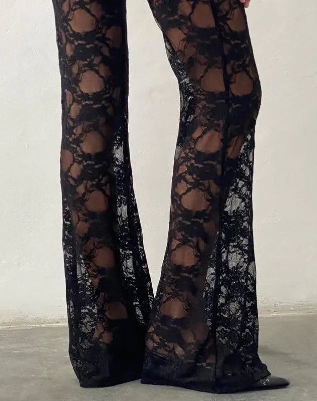 Women Sexy Lace See Through Pants Sheer Mesh Low Waist Stretchy Slim Trouser Hollow Out Skinny Leggings