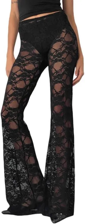 Women Sexy Lace See Through Pants Sheer Mesh Low Waist Stretchy Slim Trouser Hollow Out Skinny Leggings
