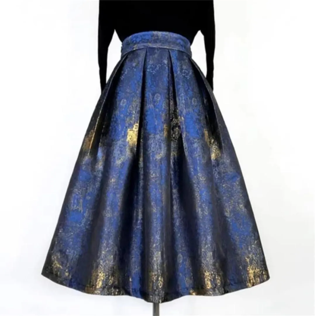 Women Social Pleated Skirt Embroidery Long Pleated Skirt Tie Dye Slim Midi Skater Skirt