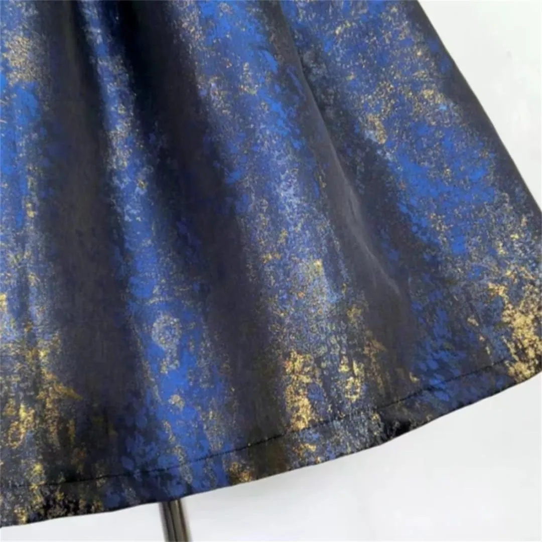 Women Social Pleated Skirt Embroidery Long Pleated Skirt Tie Dye Slim Midi Skater Skirt