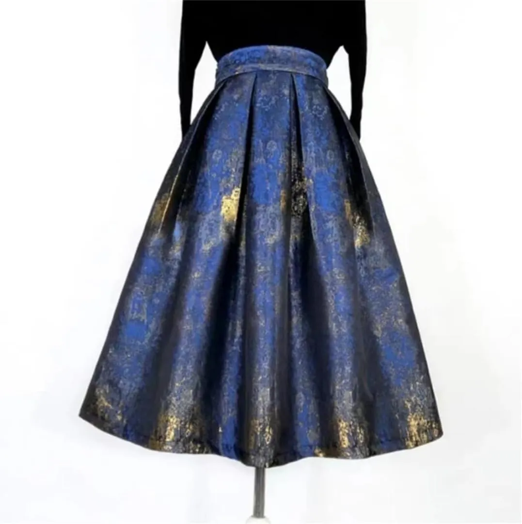 Women Social Pleated Skirt Embroidery Long Pleated Skirt Tie Dye Slim Midi Skater Skirt