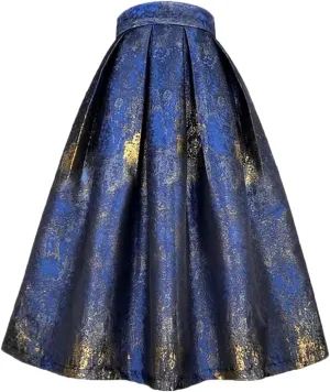 Women Social Pleated Skirt Embroidery Long Pleated Skirt Tie Dye Slim Midi Skater Skirt