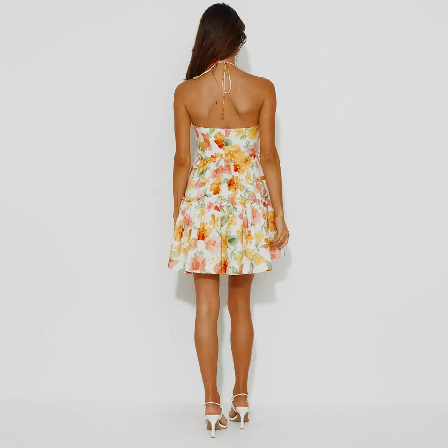 Women Spaghetti Strap Mini Dress Summer Sexy Tie Backless Flowy Sundress Sleeveless Casual Boho Tiered Short Dress