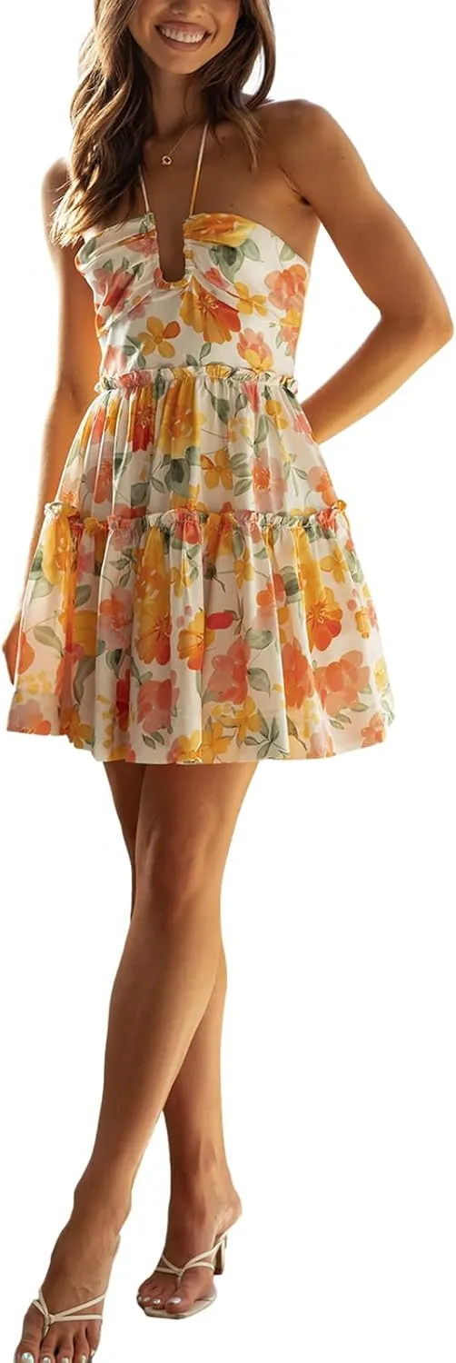 Women Spaghetti Strap Mini Dress Summer Sexy Tie Backless Flowy Sundress Sleeveless Casual Boho Tiered Short Dress