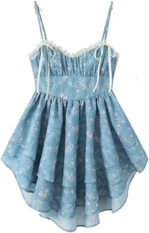 Women Splice Lace Ruched Chest Mini Dress Flower Ruffles Hem Asymmetry Cake Holiday Robe