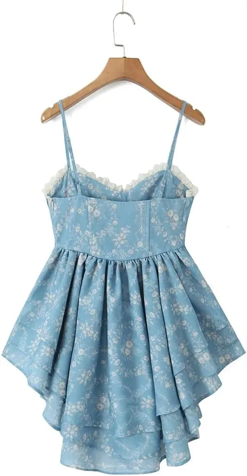 Women Splice Lace Ruched Chest Mini Dress Flower Ruffles Hem Asymmetry Cake Holiday Robe
