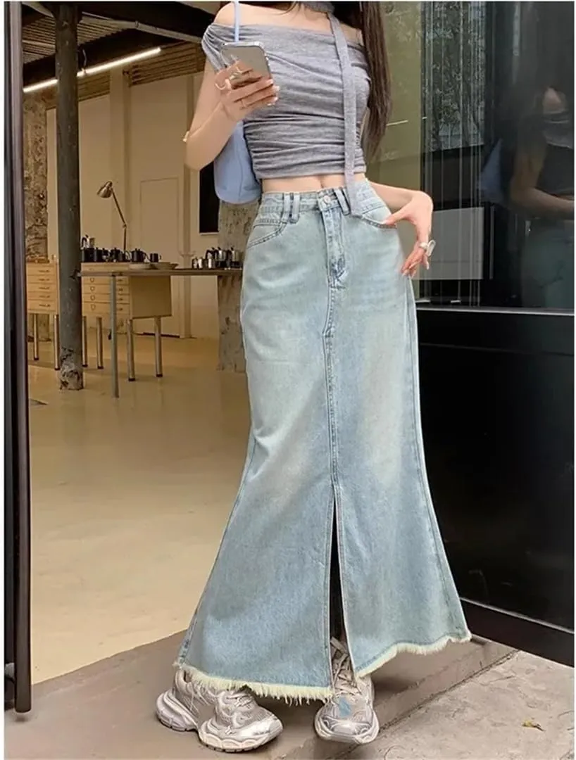 Women Summer High-Waisted A- Line Denim Skirt Side Slit Vintage Fashion Fish Tail Skirt