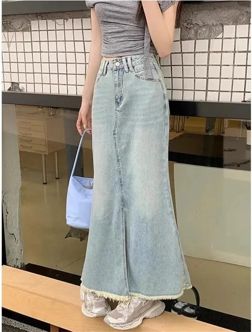 Women Summer High-Waisted A- Line Denim Skirt Side Slit Vintage Fashion Fish Tail Skirt