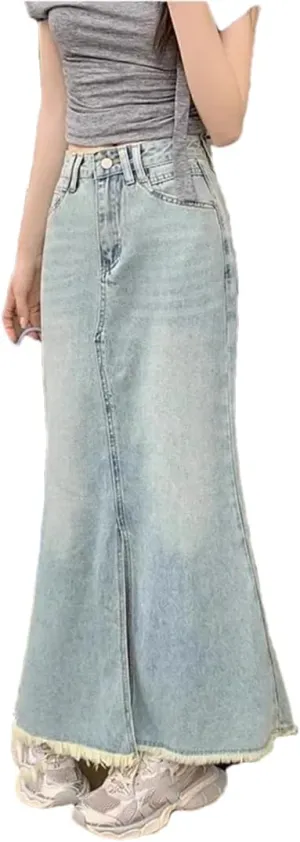 Women Summer High-Waisted A- Line Denim Skirt Side Slit Vintage Fashion Fish Tail Skirt