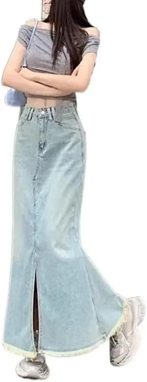 Women Summer High-Waisted A- Line Denim Skirt Side Slit Vintage Fashion Fish Tail Skirt