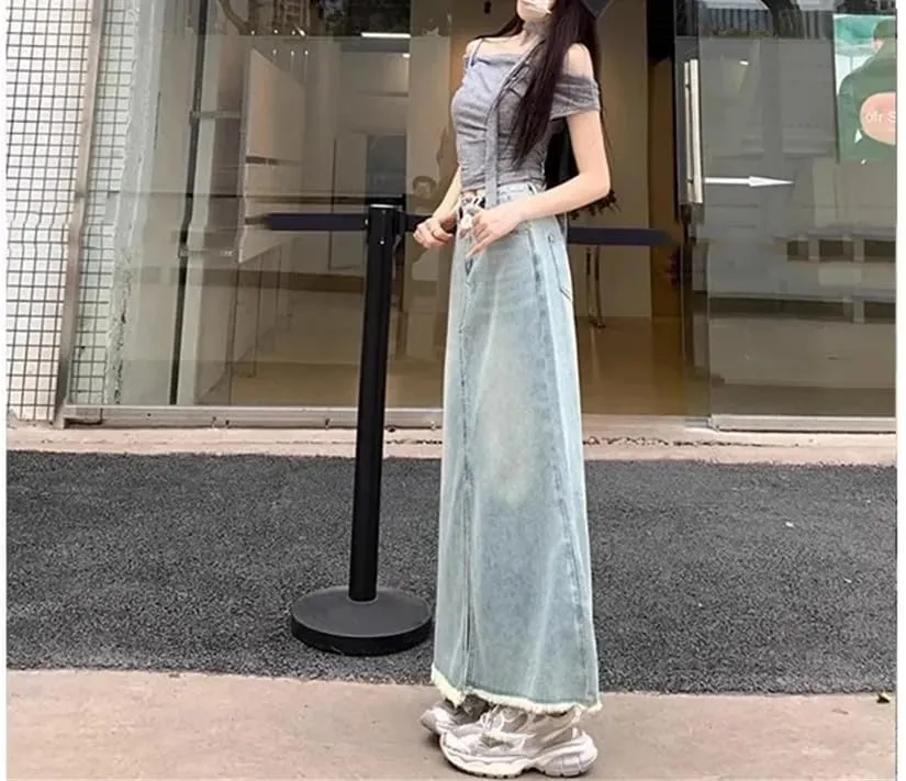 Women Summer High-Waisted A- Line Denim Skirt Side Slit Vintage Fashion Fish Tail Skirt