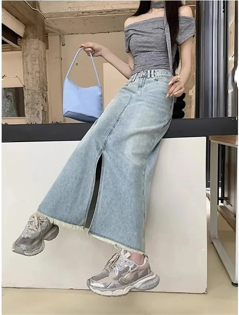 Women Summer High-Waisted A- Line Denim Skirt Side Slit Vintage Fashion Fish Tail Skirt